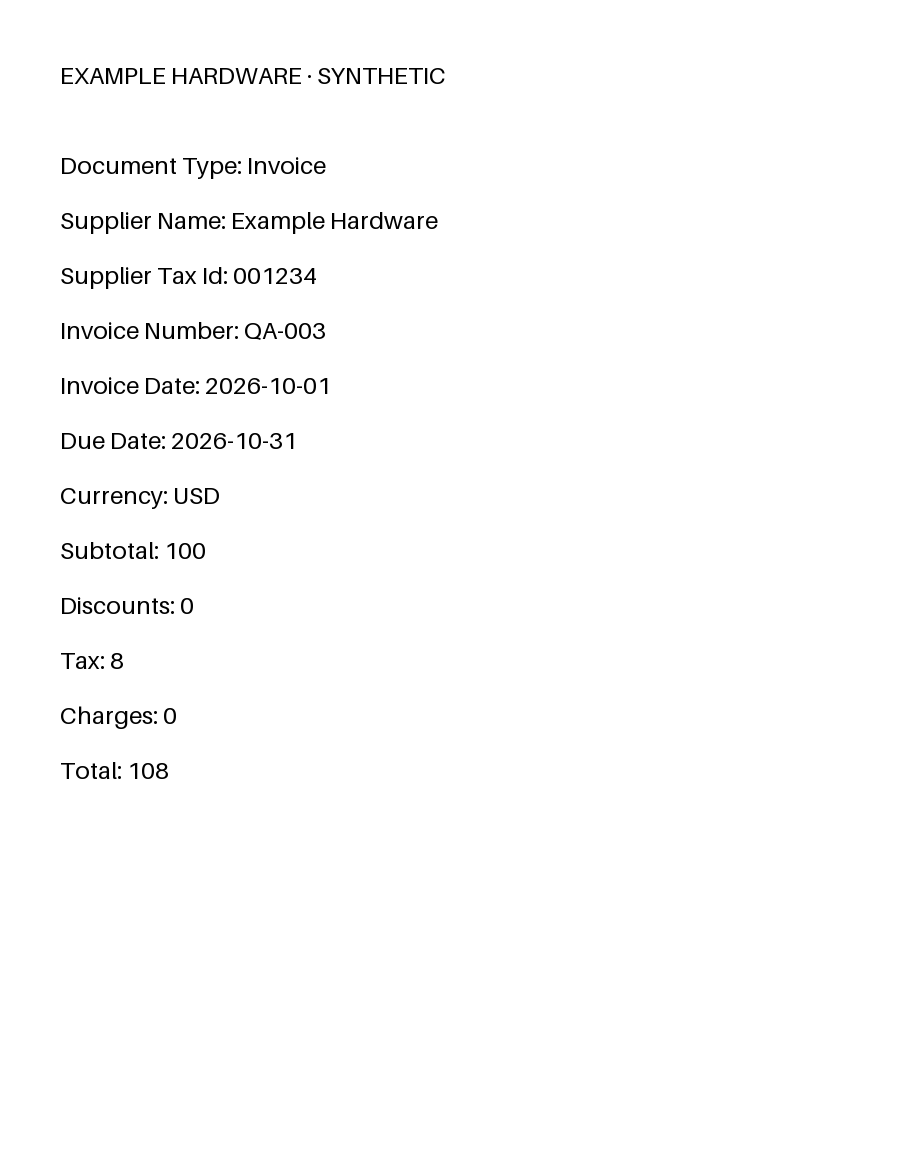 Synthetic Example Hardware invoice QA-003 for 108 USD, including 8 tax on a 100 subtotal.